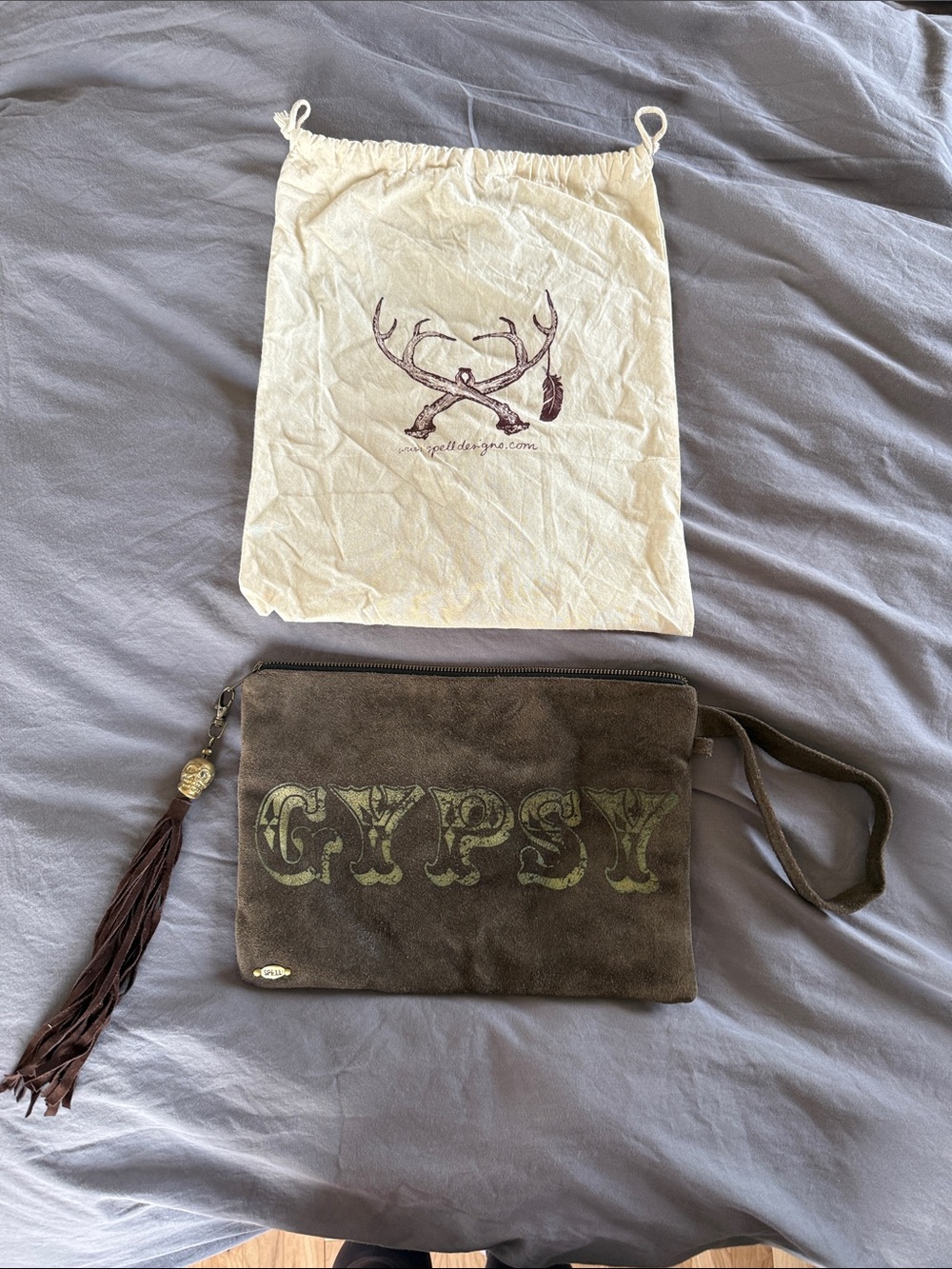 Brown Suede Wristlet Clutch with Tassel